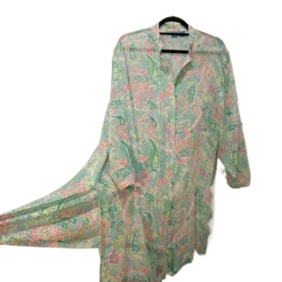 HALF MOON BAY Womens 100% Silk Sheer Pastel Paisley Tunic Blouse Sz XL Button Up - Picture 3 of 6